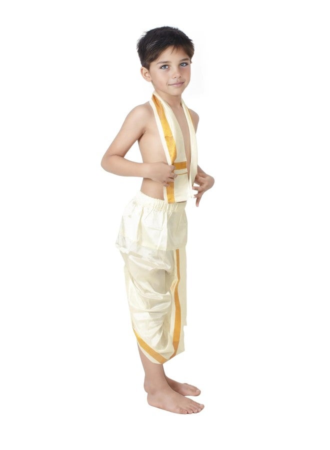 Chandrakala Dhoti & Angvastram Set for Boys, South indian Dress with Golden Border,Cream-Gold,11-12 Years (KB105CRE13) - Image 2